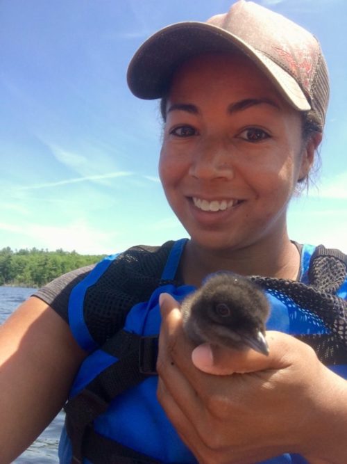 Ericka Griggs holding a young loon