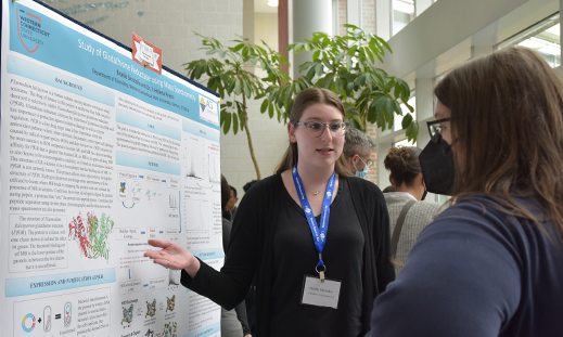 Chemistry/Biochemistry major Brielle Skrutskie, of Chester, New York, explains her research at WCSU’s Wester Research Days 2022.