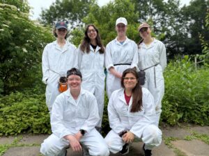 WCSU Tick Lab Summer Research Assistants:Back row: Erin Graham (BA Biology ’25), Sophia Chiaia (MS IBD ’26), Lindsay Kirkness (BA Biology ’25), Alyza Weisman (McGill Env. Studies minor, ’26) Front row: Hannah McCabe (BA Biology/Chem ’26), Sandra Zapata-Ramirez (MS IBD ’25)