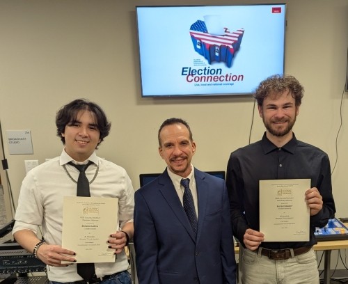 Professor of Communication Dr. JC Barone with NATAS/New England Collegiate Student Production Award honorees Brandon LaRose (left) and Buster Comaskey (right.)