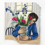 Hangama Amiri, Man with Vase of Tulips, 2024, muslin, cotton, chiffon, velvet, polyester, silk, suede and linen, 159 × 136 cm, (ph Daniele Molajoli, courtesy T293).