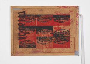 Riley Weaver: IC•UEVWR, 3D block print, license plate print, cotton string, dirt and gravel on cork, 24 x 23 in.