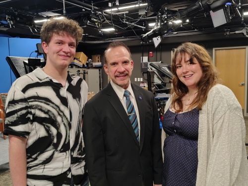 Anthony Garten, of New Milford, and Samantha Murray, of Danbury, with Professor Film and Broadcasting Dr. JC Barone.